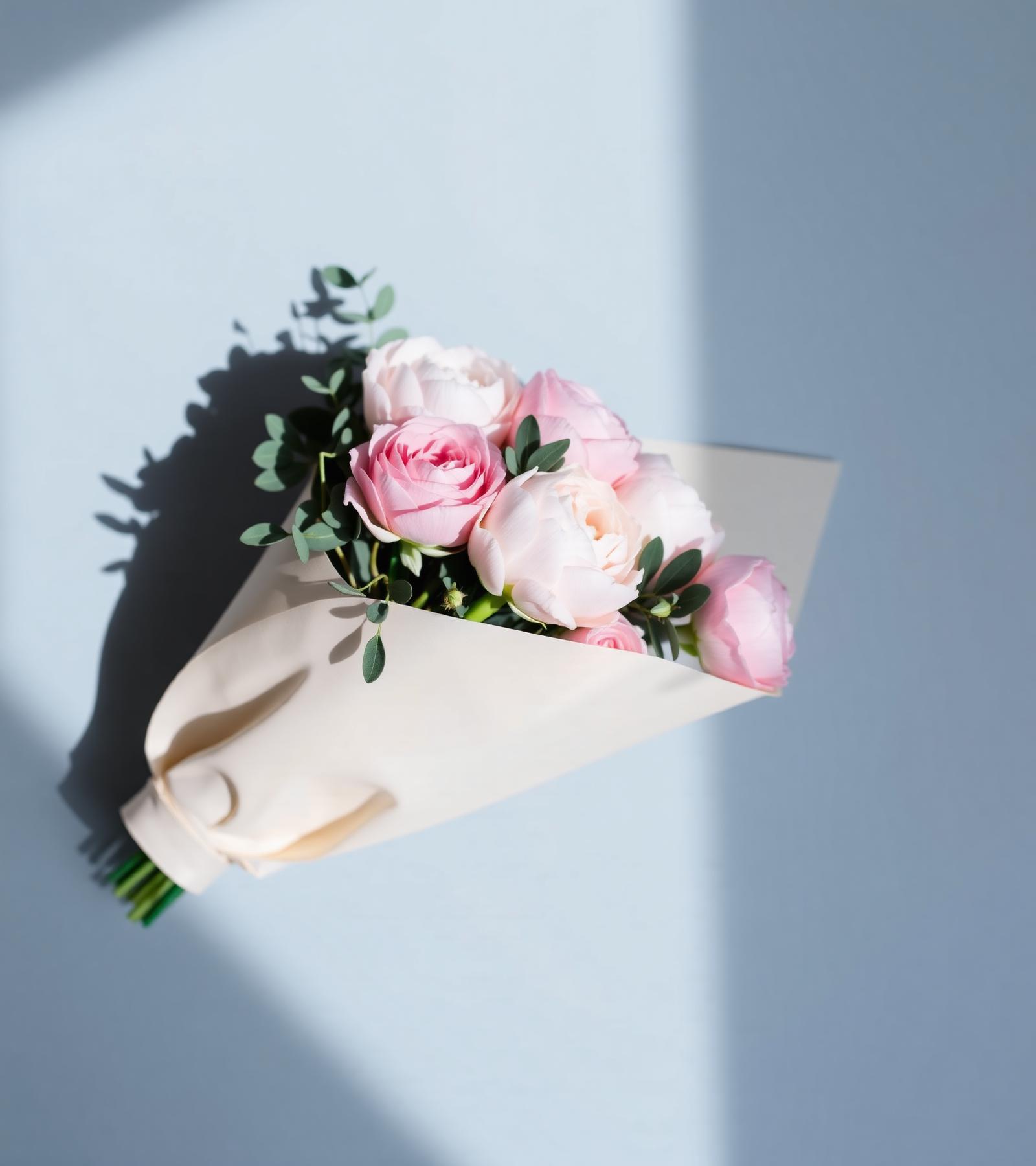 Pastel pink bouquet wrapped in cream paper